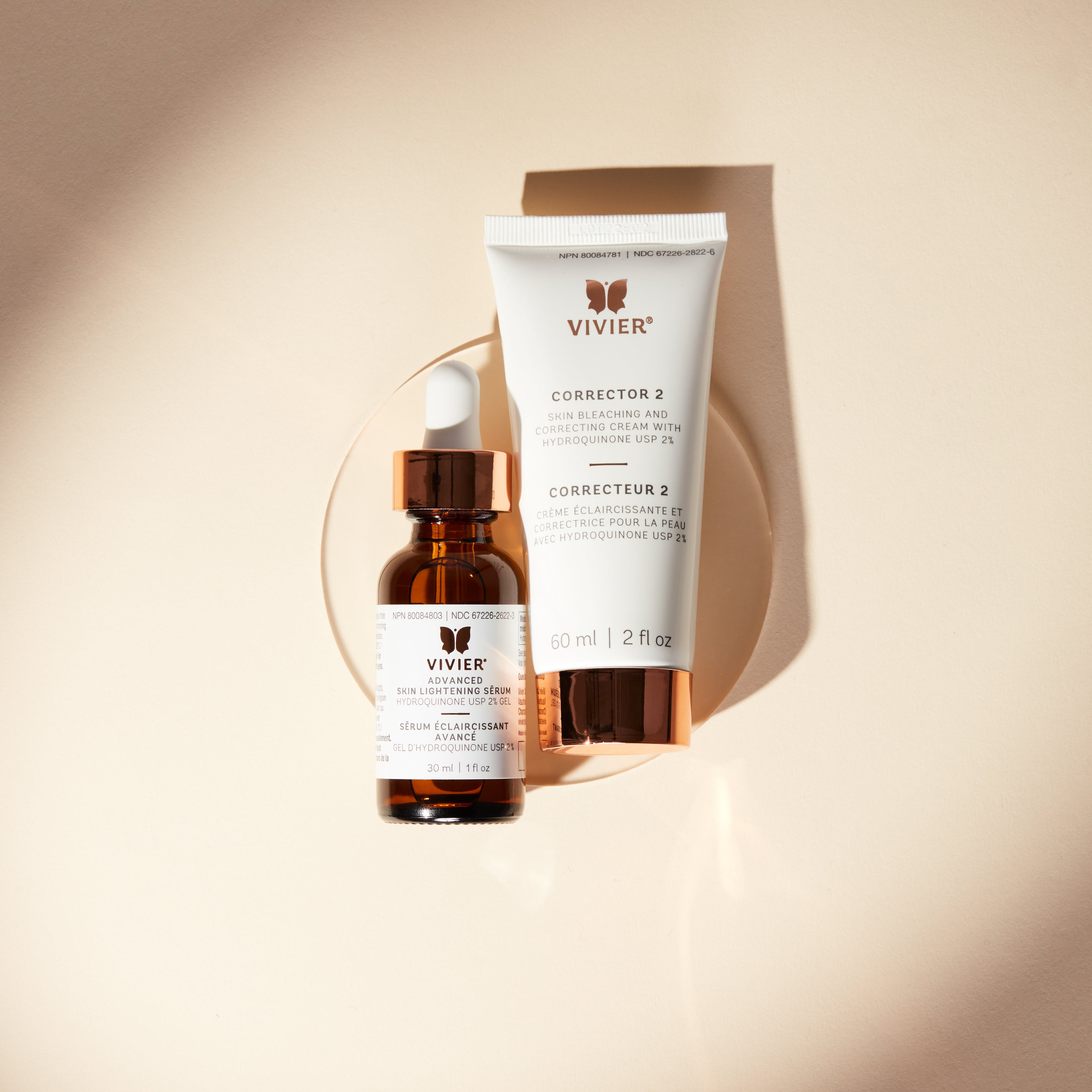 Vivier Brighten & Restore System featuring Advanced Skin Lightening Serum 2% and Corrector 2 cream displayed on a soft beige background.